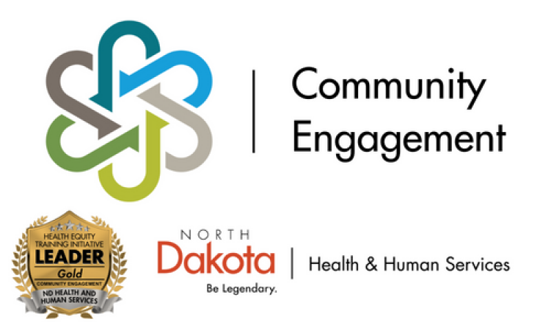 nd hhs and their community engagement unit's text and logos with a gold health equity badge